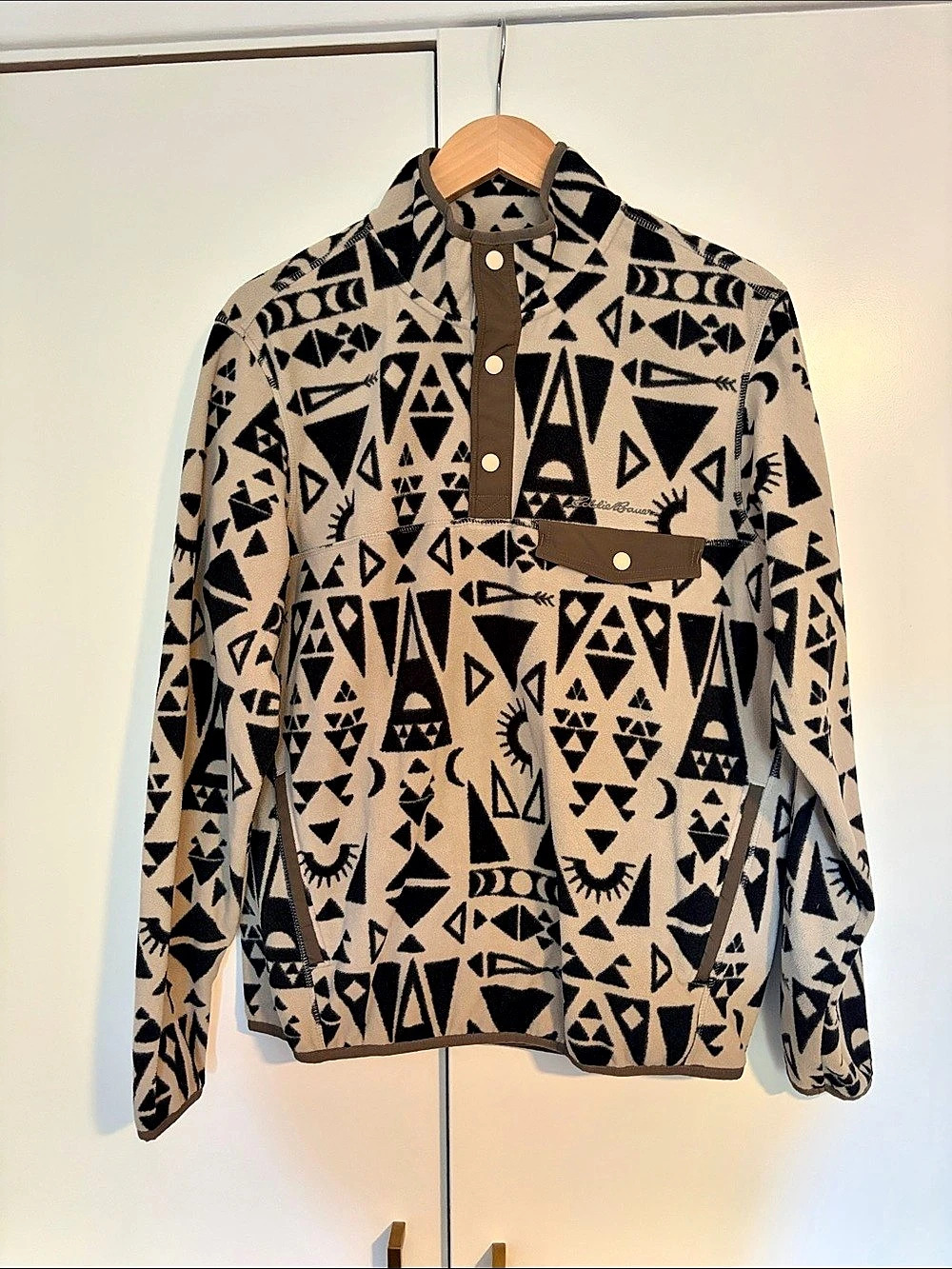 Eddie Bauer Fleece Snap Pullover Jacket Black/Cream Pattern